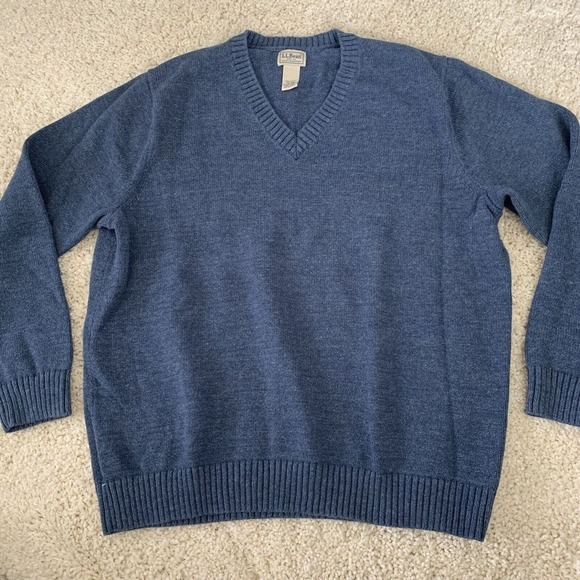 LL Bean Sweater Mens 2XL V-Neck Knit Cotton Long Sleeve Blue Pullover